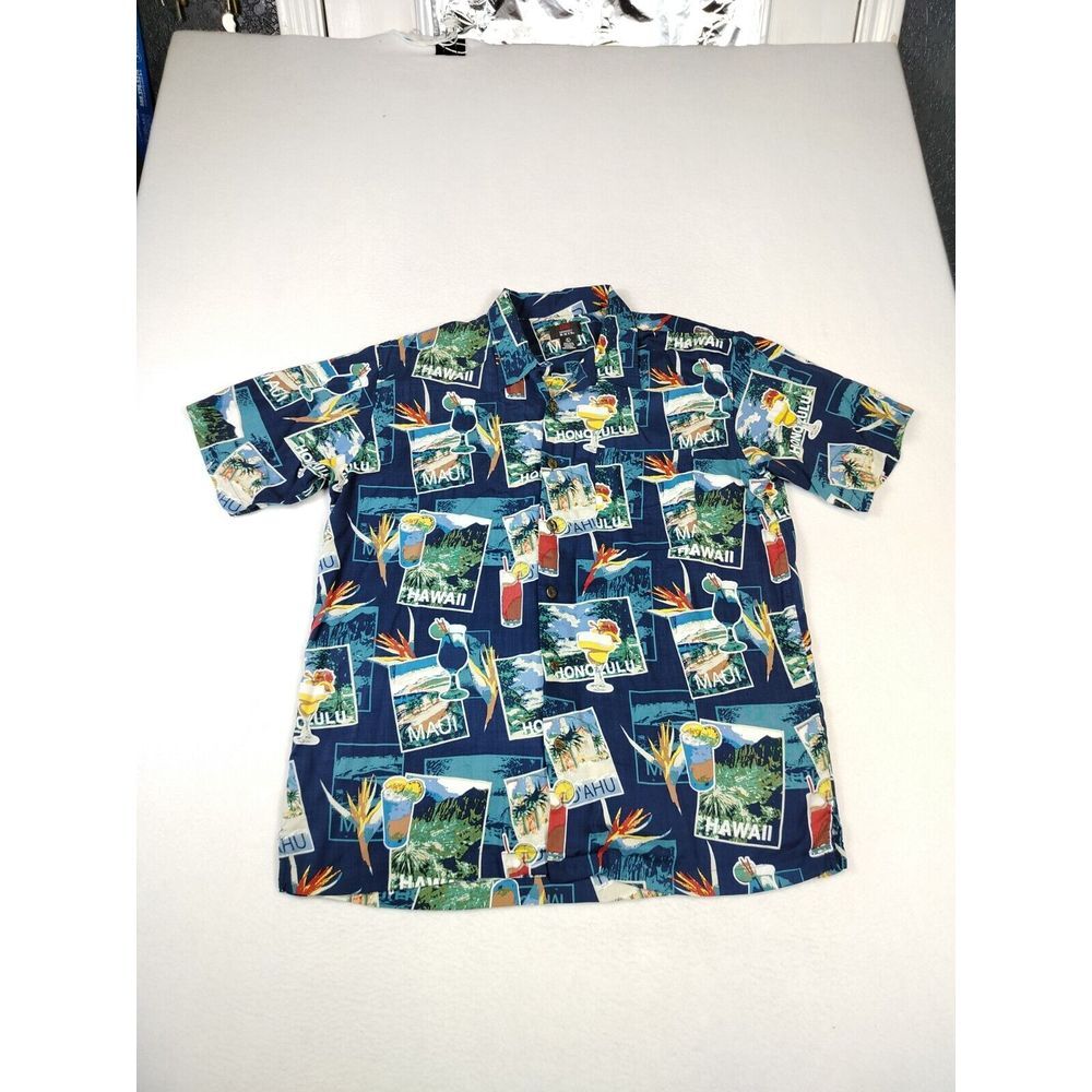 Emergency‎ Exit Hawaiian Shirts Men's Large Blue Camp Shirt Tropical Tiki Drinks